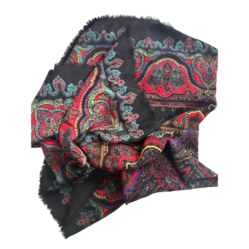 Vintage Specialty House Pure Wool Paisley Black Red Wrap Scarf Made in Italy